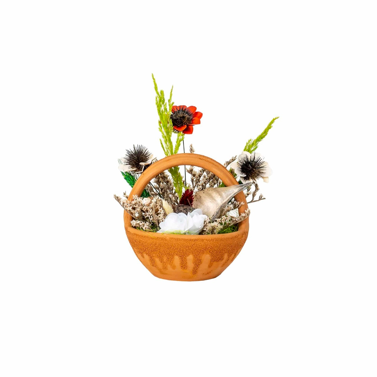 Aranjament mic din ceramica cu flori textile multicolor, inaltime 19 cm