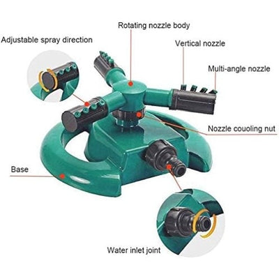 Aspersor de gradina, sistem automat de stropire cu apa, rotativa la 360°, cu 3 brate, din plastic, verde/negru
