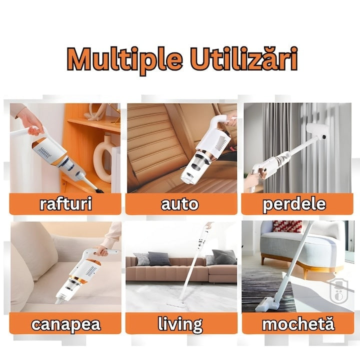 Aspirator fara fir, portabil, de mana, putere 120W, 2 moduri de utilizare, cu accesorii incluse, filtru HEPA, Wireless, alb
