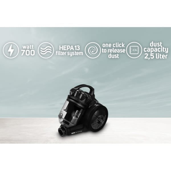 Aspirator fara sac 700W cu filtru HEPA13 si control flux aer pe maner, negru