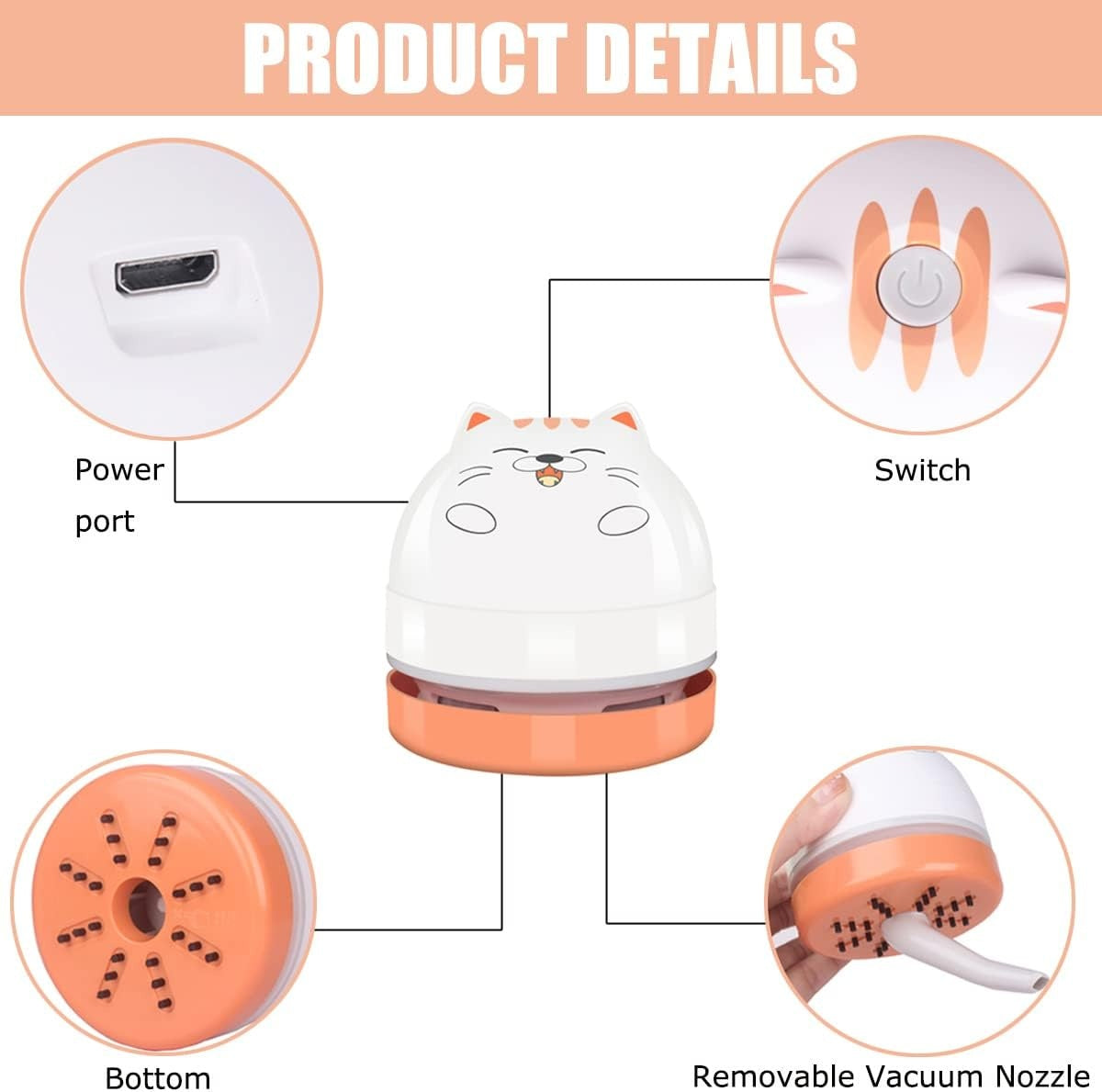 Aspirator mini, de birou, uportabil, zgomot redus, pisica