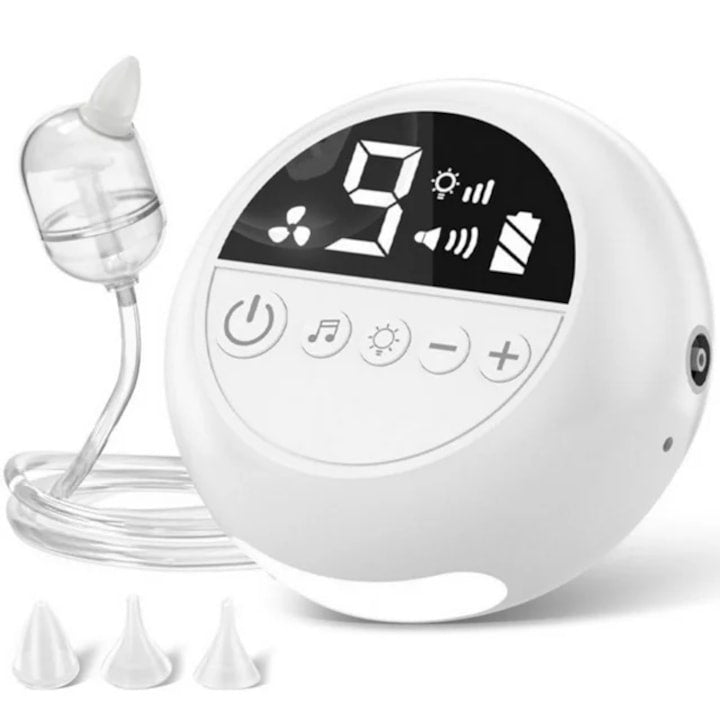 Aspirator nazal electric, cu 9 trepte de absorbtie, 3 varfuri, muzica pentru distragerea copiilor, silentios, lumina de veghe, rezervor mare de stocare secretii, display LED, alb