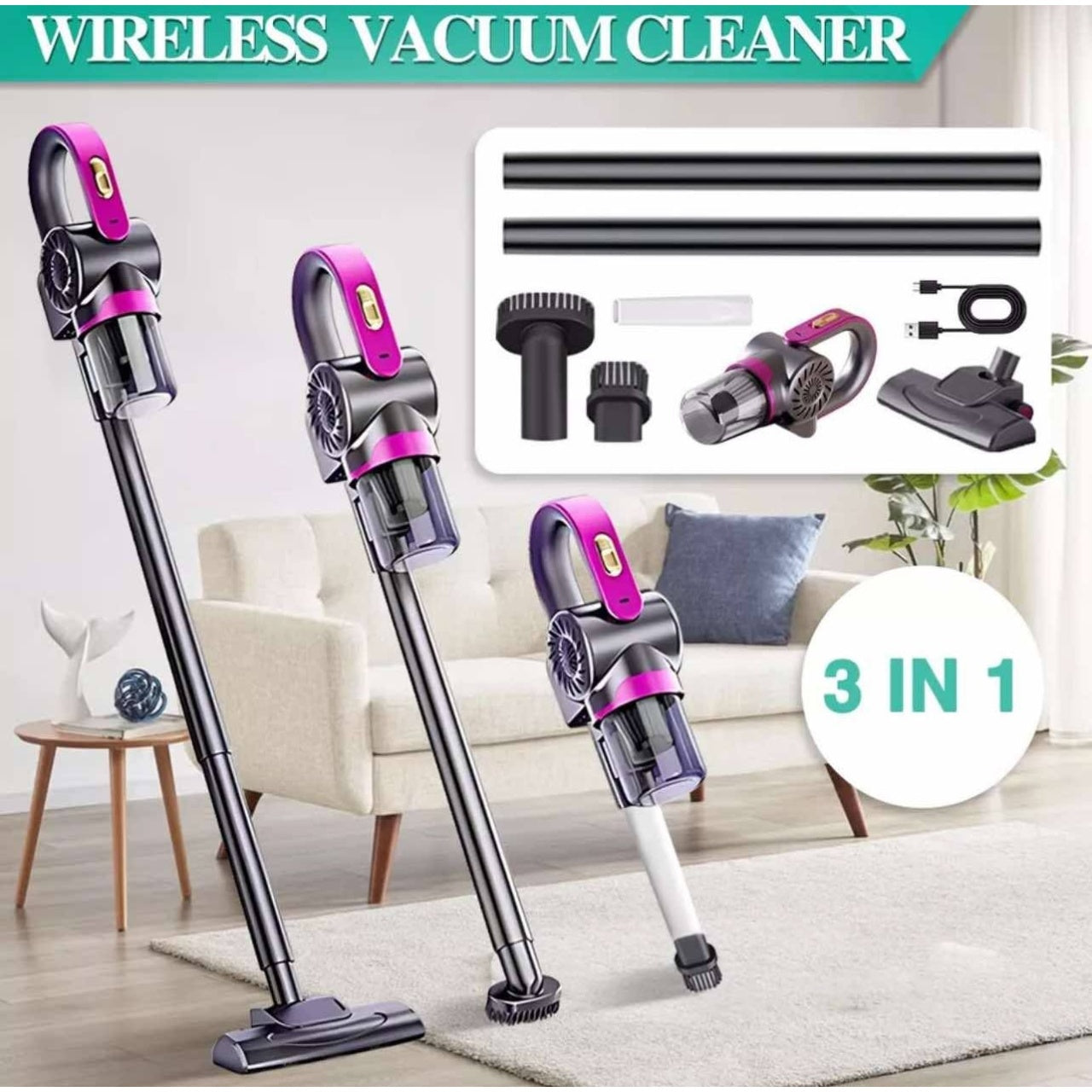 Aspirator vertical, fara fir, multifunctional, 2 viteze, putere 120 W, curatare praf eficienta, autonomie 30-45 min, cu accesorii pentru canapele si spatii inguste, negru/mov