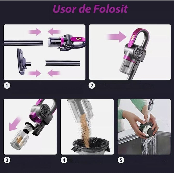 Aspirator vertical, fara fir, multifunctional, 2 viteze, putere 120 W, curatare praf eficienta, autonomie 30-45 min, cu accesorii pentru canapele si spatii inguste, negru/mov