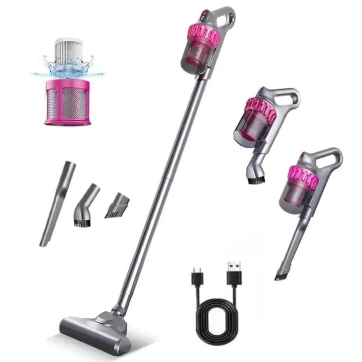 Aspirator vertical, fara fir, multifunctional, 3 viteze, putere 100 W, curatare praf eficienta, autonomie 30-45 min, cu accesorii pentru canapele si spatii inguste, negru/mov