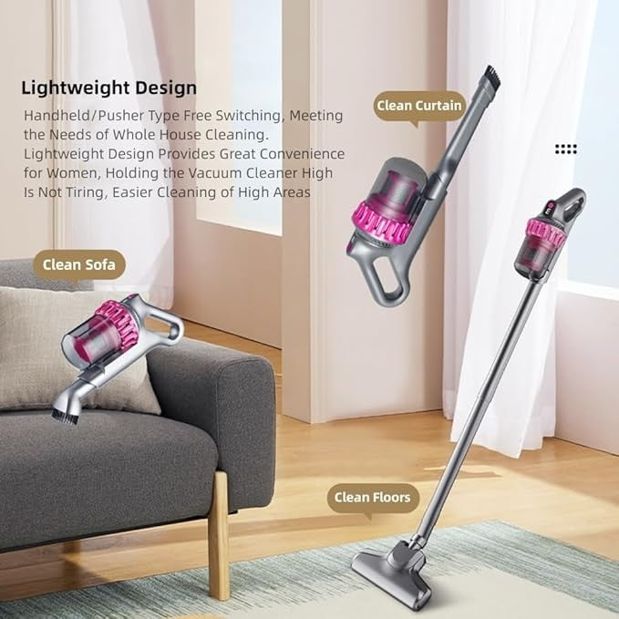 Aspirator vertical, fara fir, multifunctional, 3 viteze, putere 100 W, curatare praf eficienta, autonomie 30-45 min, cu accesorii pentru canapele si spatii inguste, negru/mov
