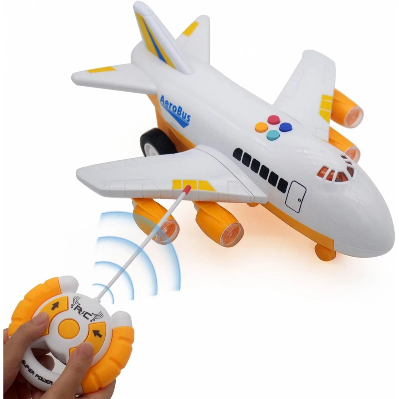 Avion de jucarie, cu telecomanda, sunete si lumini, functioneaza cu baterii, din ABS, alb