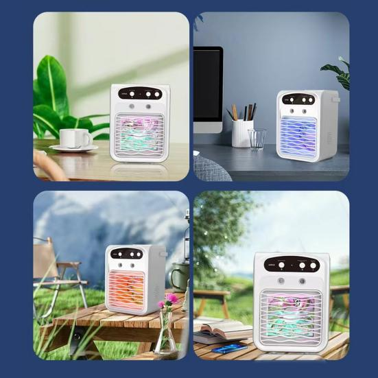 Aer conditionat mini, rezervor de apa de 1000 ml, 3 viteze ale vantului, difuzor Bluetooth, lumina ambientala colorata, racire rapida, alb