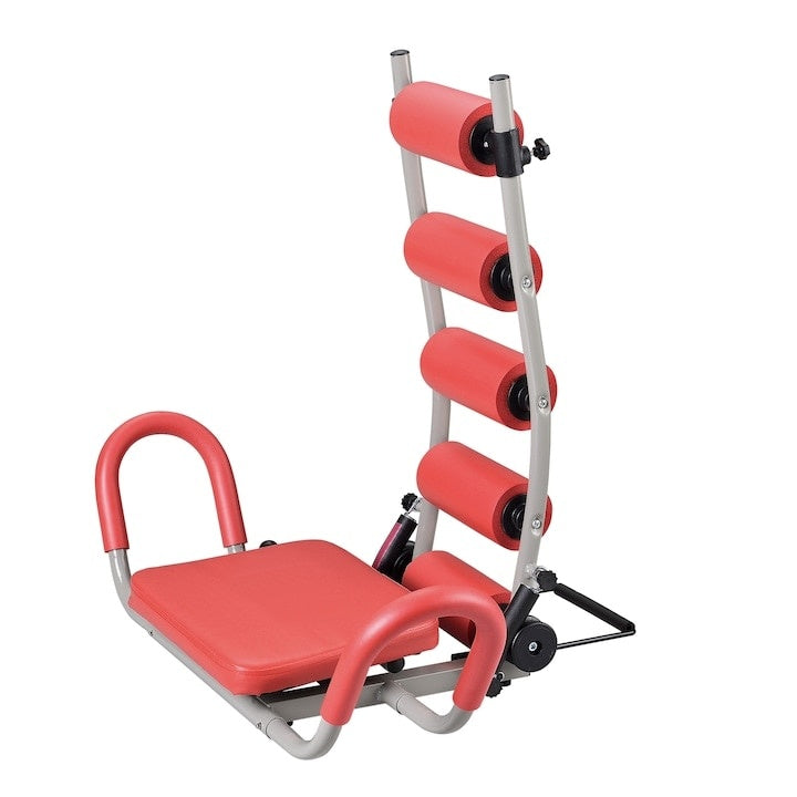 Banca de gimnastica, pentru exercitii complete, dimensiuni 76 x 55 x 68 cm, cu 2 roti din cauciuc, din metal si piele sintetica, rosu
