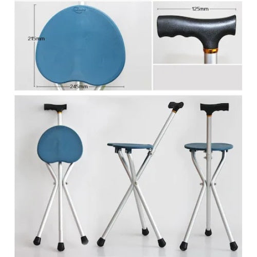 Baston de sprijin, cu scaun pliabil, cu 3 picioare antiderapante, din metal, gri