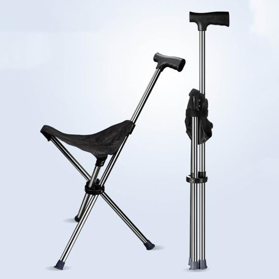 Baston de sprijin cu scaunel pliabil, din metal, plastic si textil, cu 3 picioare, multifunctional, baza antialunecare, sezut confortabil, negru