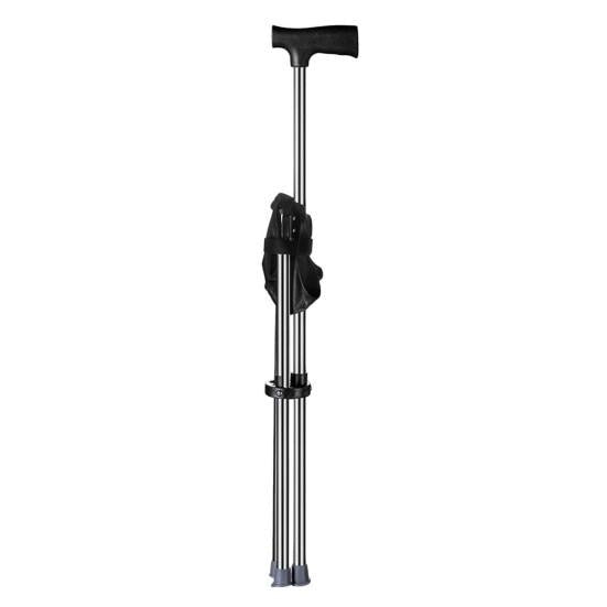 Baston de sprijin cu scaunel pliabil, din metal, plastic si textil, cu 3 picioare, multifunctional, baza antialunecare, sezut confortabil, negru