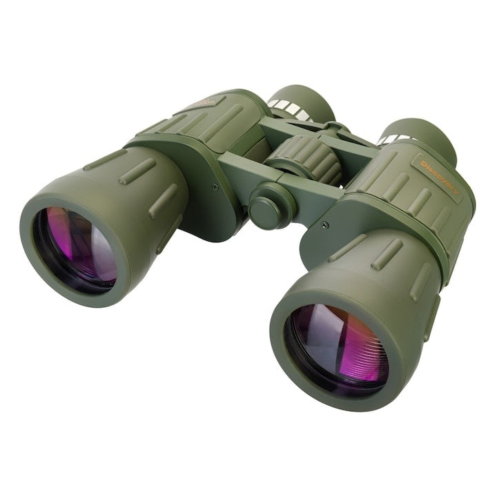 Binoclu 10X50, din plastic cauciucat rezistent, suprafata exterioara antialunecare, optica din sticla optica, cu husa de protectie, verde