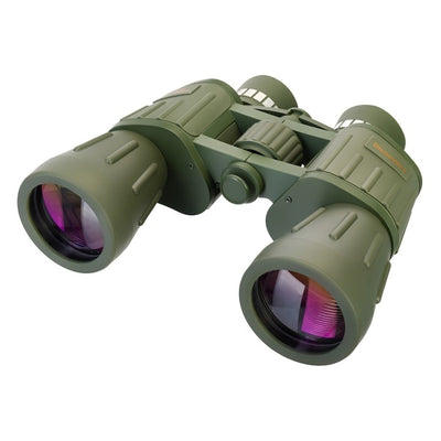 Binoclu 10X50, din plastic cauciucat rezistent, suprafata exterioara antialunecare, optica din sticla optica, cu husa de protectie, verde