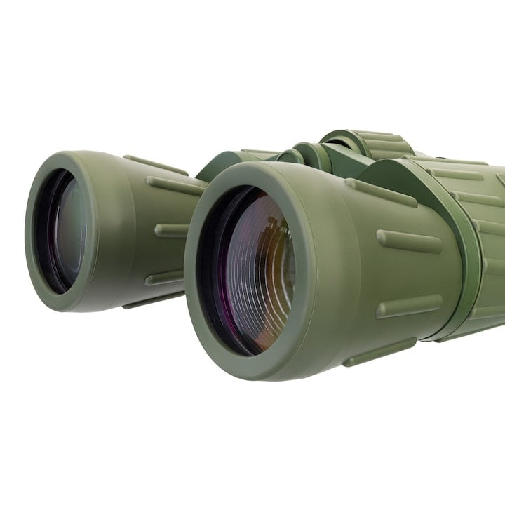 Binoclu 10X50, din plastic cauciucat rezistent, suprafata exterioara antialunecare, optica din sticla optica, cu husa de protectie, verde