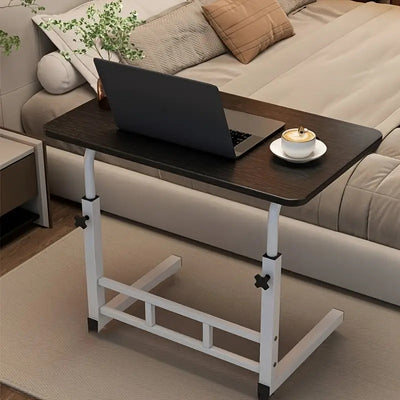 Birou multifuntional cu roti, inaltime reglabila, cadru metalic, blat lemn inchis, dimensiuni 80x40 cm, alb/lemn inchis