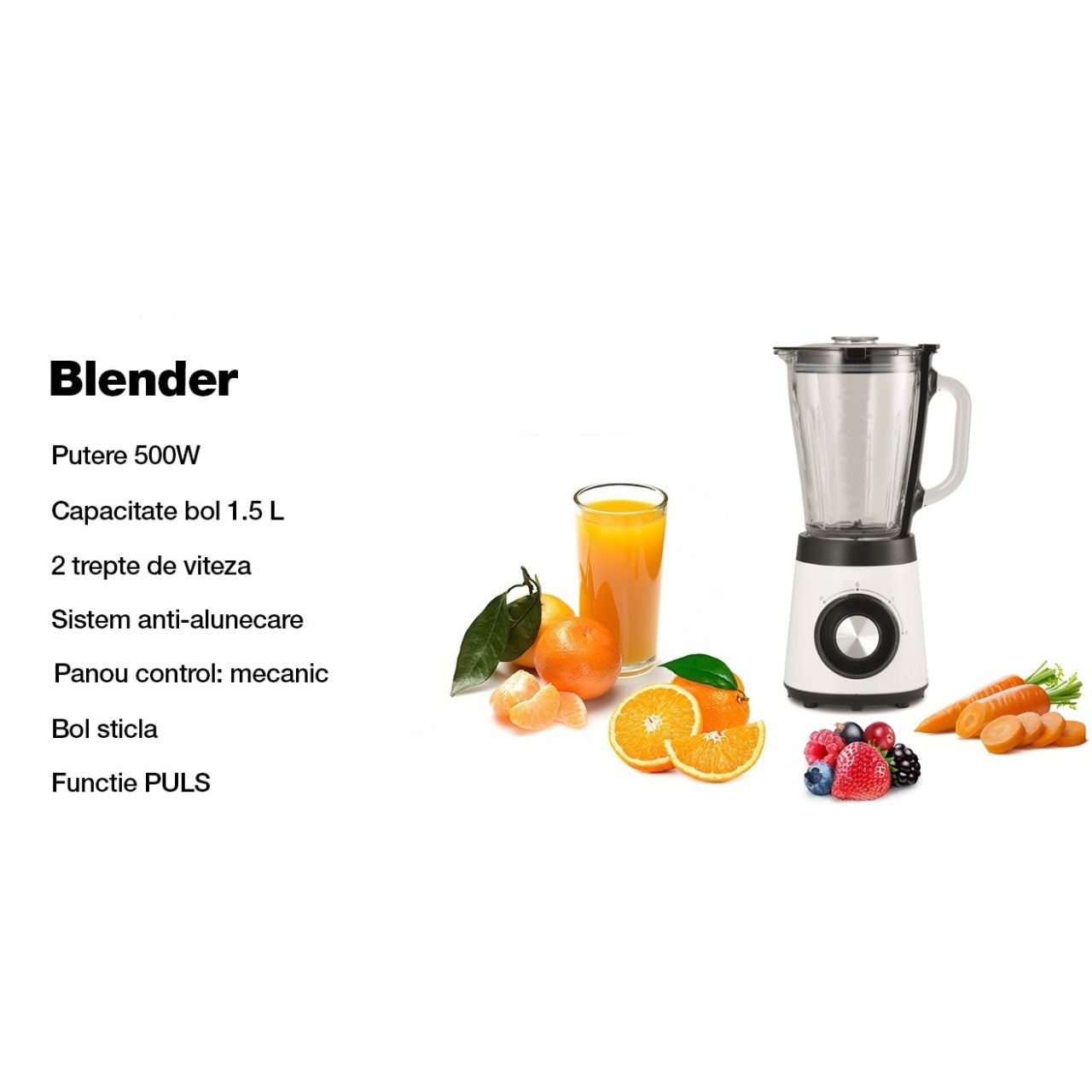 Blender electric, capacitate 1,5l, cu 2 trepte de viteza, putere 500W, lame din inox, cu functie de zdrobire gheata, alb