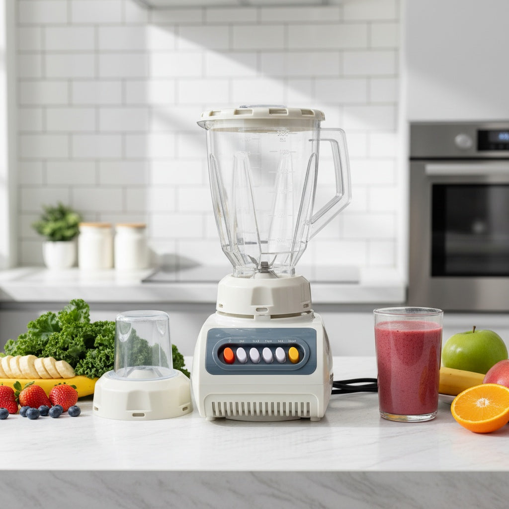 Blender multifunctional, cu recipient rezistent la spargere, capacitate 1.5L, putere 500W, design ergonomic, lama din otel inoxidabil, sistem de siguranta, bej