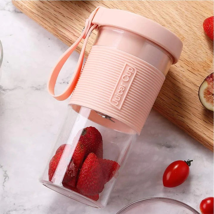 Blender portabil pentru smoothie-uri, capacitate 350ml, incarcare USB, inchidere etansa, lama din otel, roz