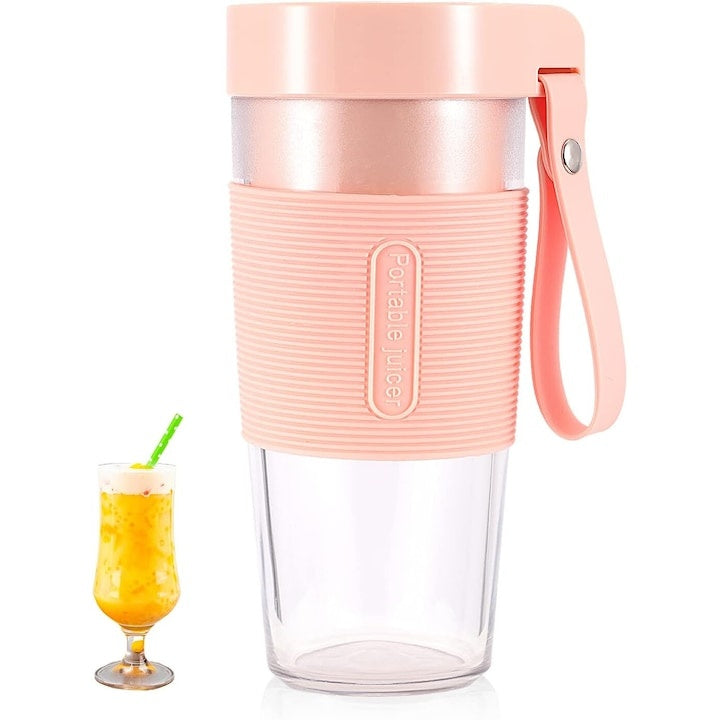 Blender portabil pentru smoothie-uri, capacitate 350ml, incarcare USB, inchidere etansa, lama din otel, roz