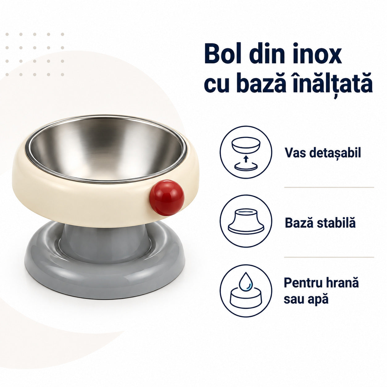 Bol din Inox pentru Pisici și Câini, Bază Înălțată, Crem/Gri – imagine 3