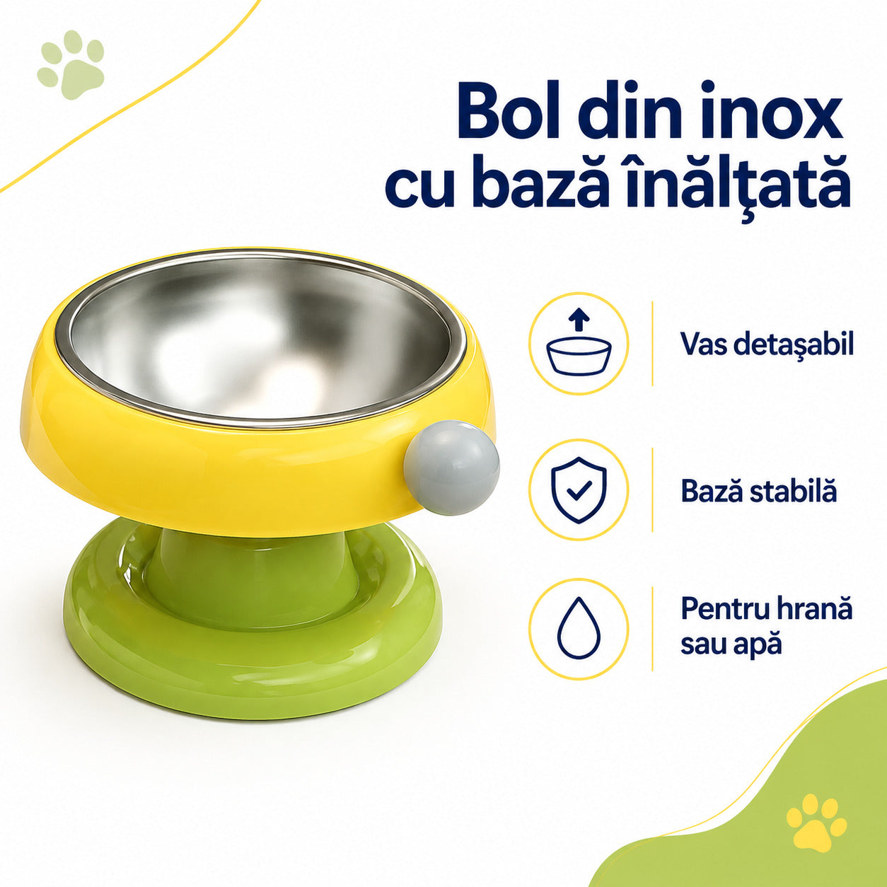 Bol din Inox pentru Pisici și Câini, Bază Înălțată, Galben/Verde – imagine 3