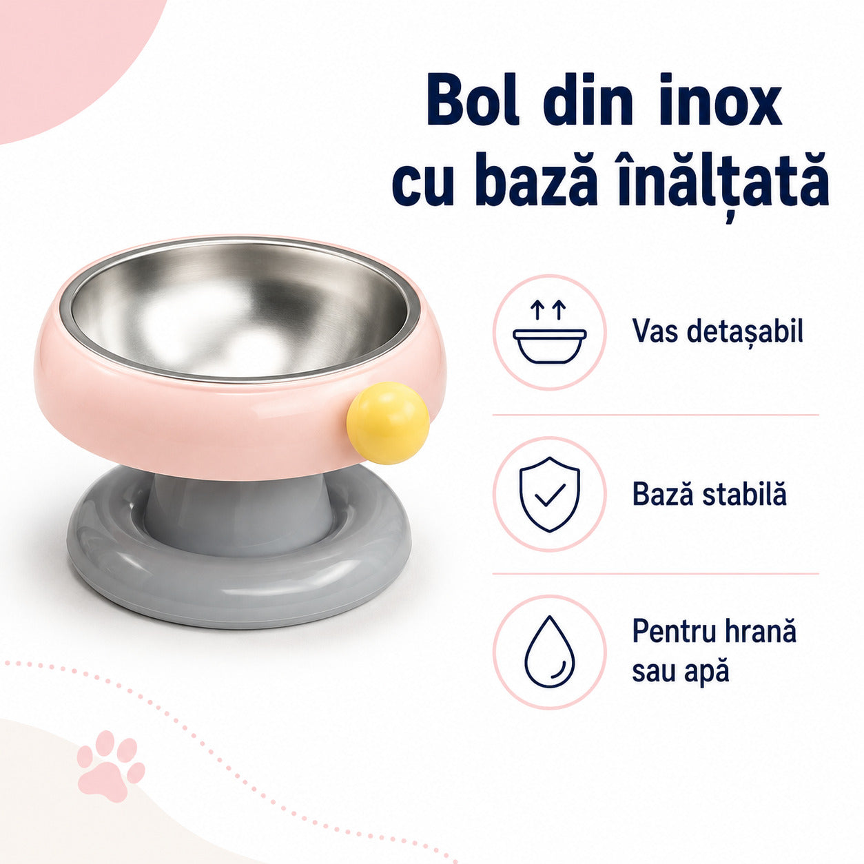 Bol din Inox pentru Pisici și Câini, Bază Înălțată, Roz/Gri – imagine 3