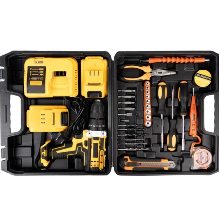 Bormasina cu percutie, cu 2 acumulatori 36V, si trusa de 30 accesorii, putere 750 W, durata de incarcare 1.5 h, negru/galben