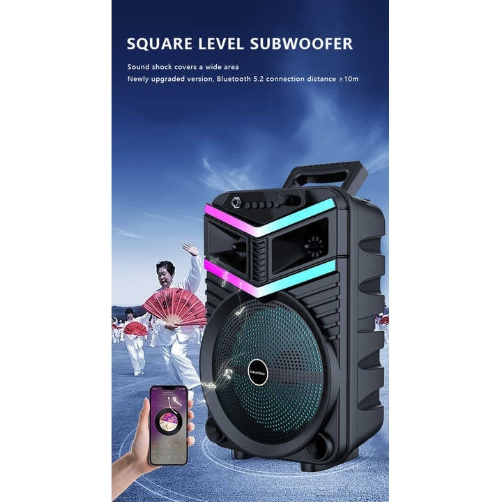 Boxa portabila cu lumini RGB, cu maner, putere 10W, MP3, USB, bluetooth, TF, WIFI, slot microfon, karaoke, acumulator, negru