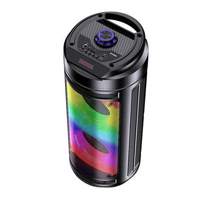 Boxa portabila cu lumini RGB, putere 20W, MP3, USB, bluetooth, TF, slot microfon, karaoke, acumulator, din plastic rezistent, cu 2 difuzoare, negru