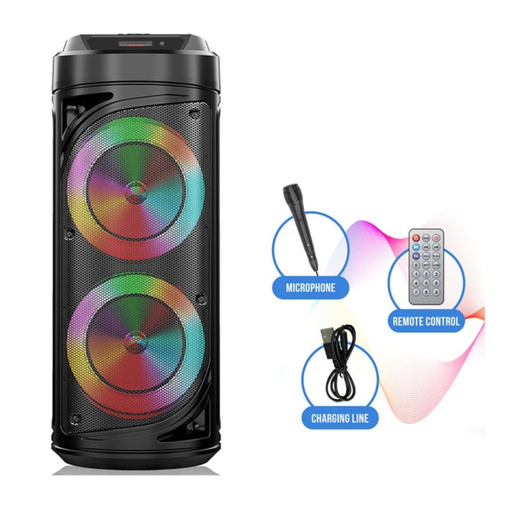 Boxa portabila cu lumini RGB, putere 20W, MP3, USB, bluetooth, TF, acumulator, FM, karaoke, negru