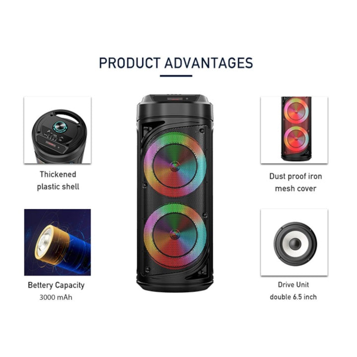 Boxa portabila cu lumini RGB, putere 20W, MP3, USB, bluetooth, TF, acumulator, FM, karaoke, negru