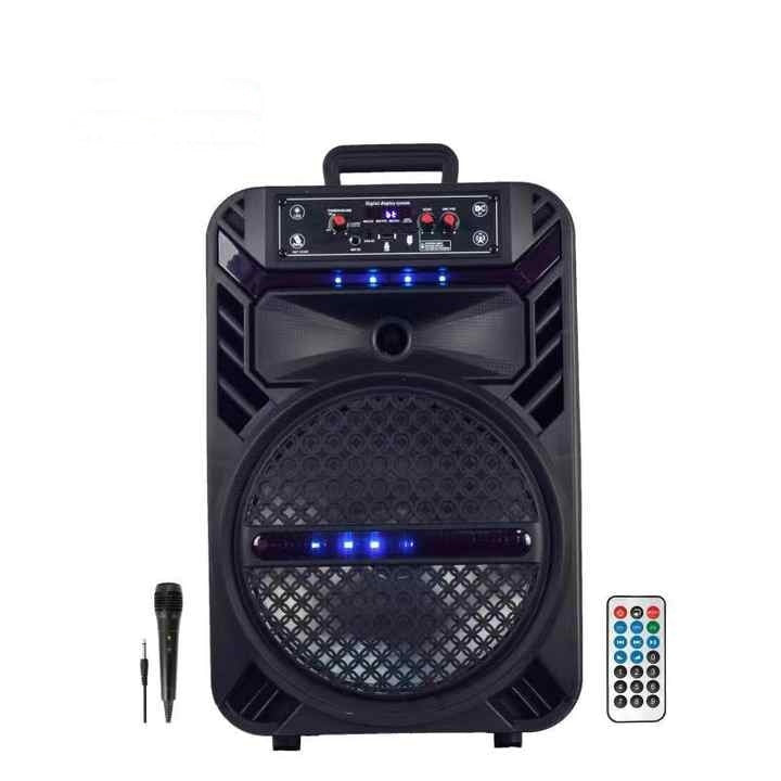 Boxa portabila cu lumini RGB, tip troler, putere 20W, MP3, USB, bluetooth, TF, slot microfon, karaoke, acumulator, din plastic rezistent, cu 2 difuzoare, negru