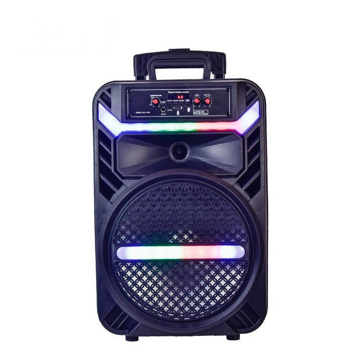 Boxa portabila cu lumini RGB, tip troler, putere 20W, MP3, USB, bluetooth, TF, slot microfon, karaoke, acumulator, din plastic rezistent, cu 2 difuzoare, negru