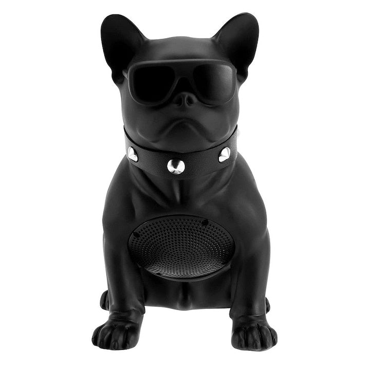 Boxa portabila, in forma de catel Bulldog, cu bluetooth, cititor card, radio si microfon, inaltime 25 cm, baterie incoroprata, aspect realist, negru