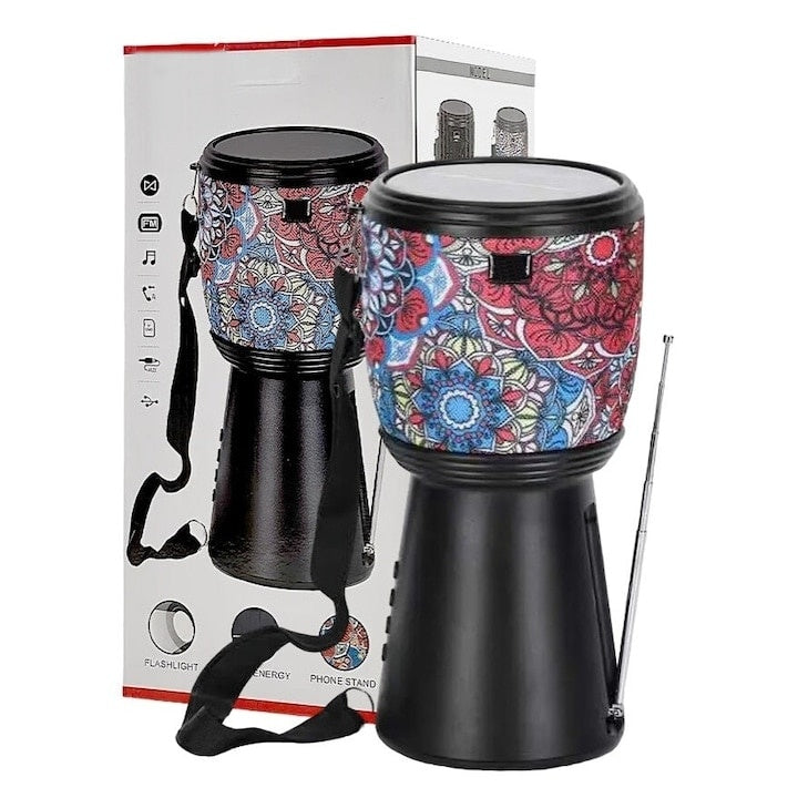 Boxa portabila, tip tarabana, conexiune bluetooth, incarcare solara, cu radio FM si lanterna, dimensiuni 18*14 cm, putere 10W, negru