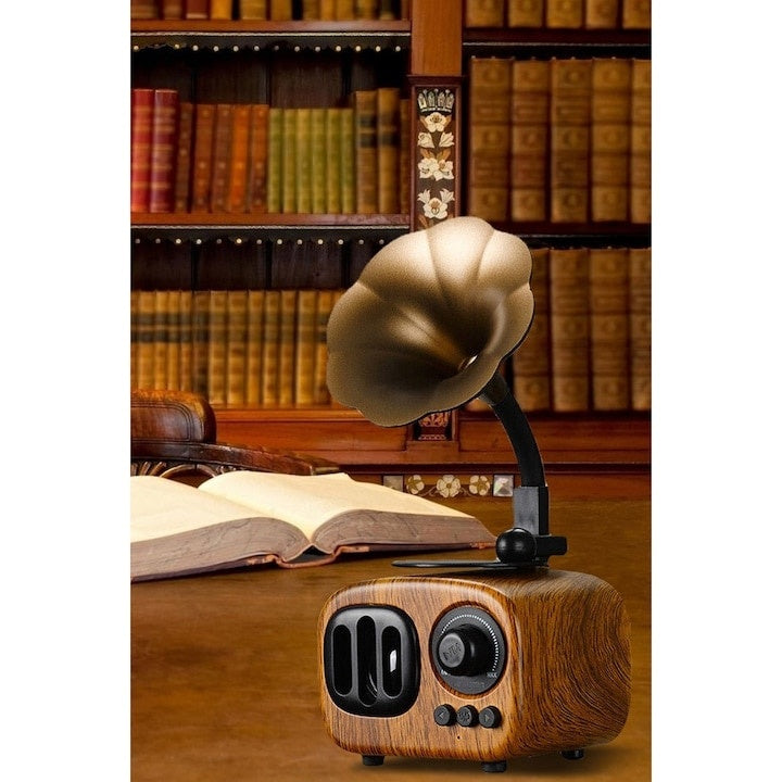 Boxa retro, conectare bluetooth, design vintage, USB/TF, portabila, dimensiuni 11x23 cm, maro/negru