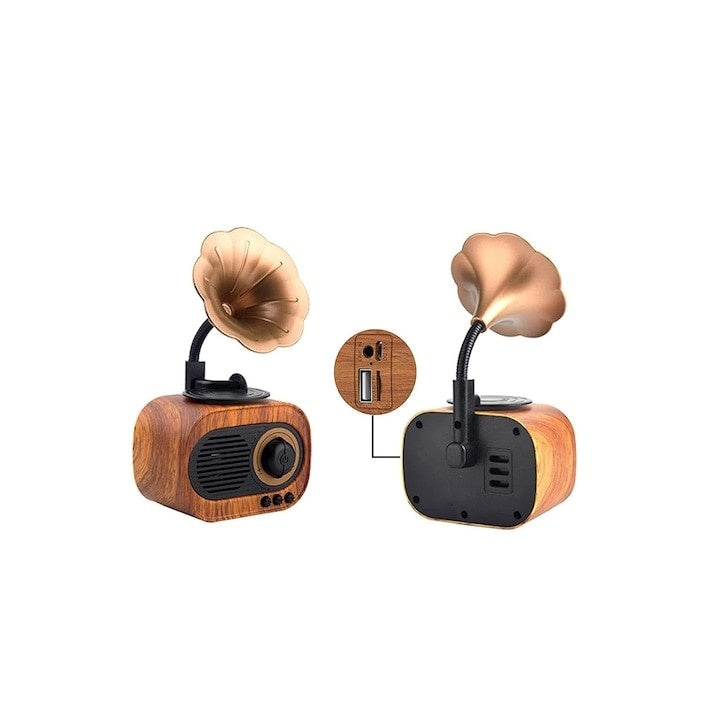 Boxa retro, conectare bluetooth, design vintage, USB/TF, portabila, dimensiuni 11x23 cm, maro/negru