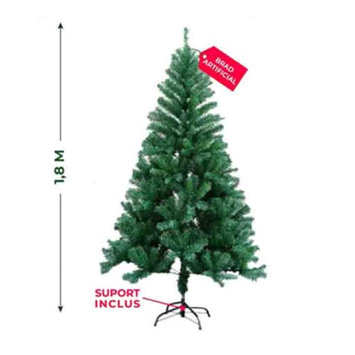 Brad de Craciun artificial, cu suport metalic, 180 cm inaltime, cu 43 de decoratiuni, globuri. beteala, lumini, din PVC, verde