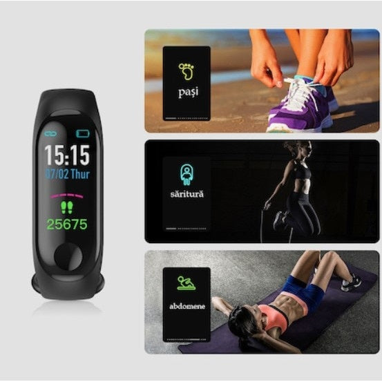Bratara fitness FOXMAG24, masurare ritm cardiac si alte functii ale organismului, USB, Bluetooth, culoarea neagra