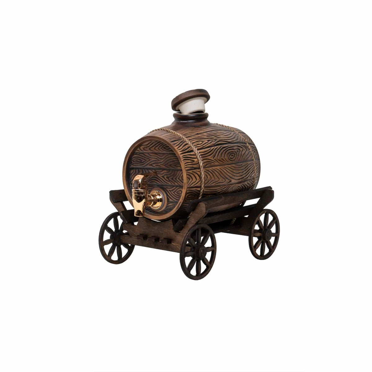 Butoi de vin ceramica cu robinet si suport caruta, capacitate 2.5L