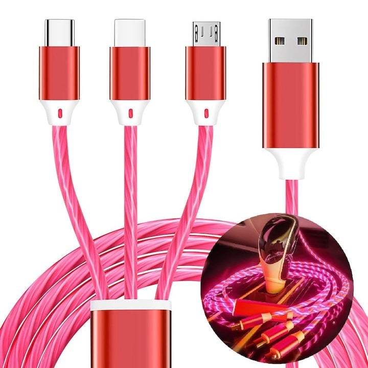 Cablu de incarcare 3 în 1, cu iluminare, Rosu, 110 cm