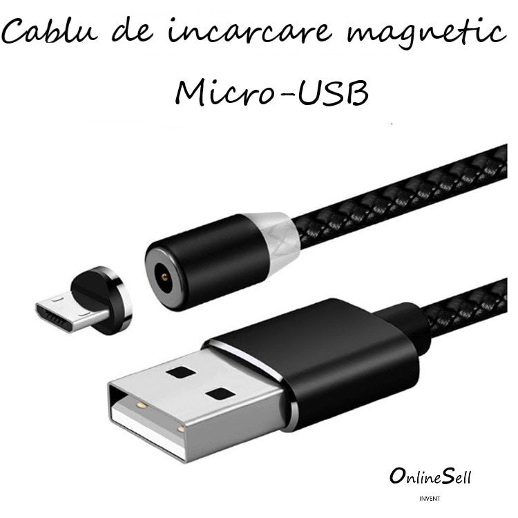 Cablu de incarcare cu conector magnetic pentru telefon si tableta, micro-USB, incarcare rapida,1M, LED, NEGRU