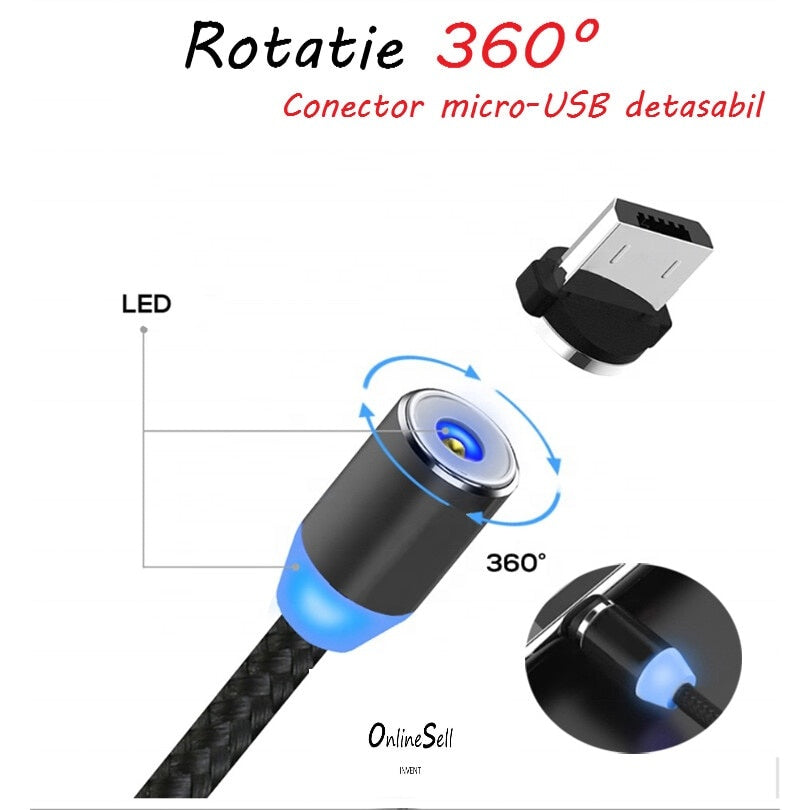 Cablu de incarcare cu conector magnetic pentru telefon si tableta, micro-USB, incarcare rapida,1M, LED, NEGRU