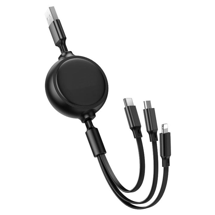Cablu USB-A, tip C, Lightning, micro-USB, lungime 1m, cu 3 capete de incarcare, negru