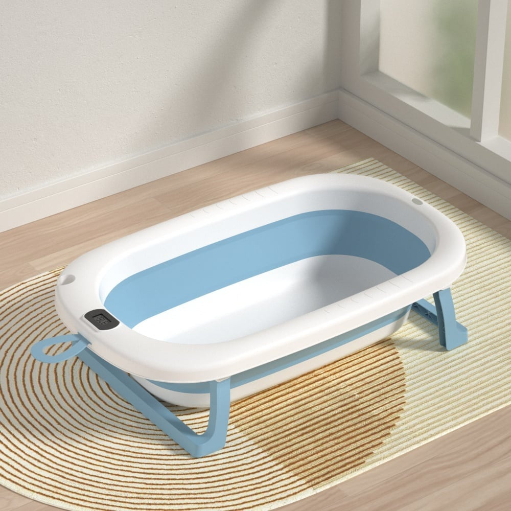 Cadita pliabila pentru bebelusi, cu termometru digital, dop de scurgere, picioare anti-alunecare, design ergonomic, fara BPA, alb/albastru