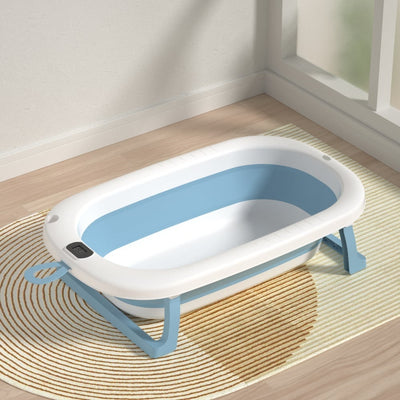 Cadita pliabila pentru bebelusi, cu termometru digital, dop de scurgere, picioare anti-alunecare, design ergonomic, fara BPA, alb/albastru