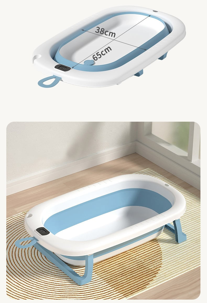 Cadita pliabila pentru bebelusi, cu termometru digital, dop de scurgere, picioare anti-alunecare, design ergonomic, fara BPA, alb/albastru