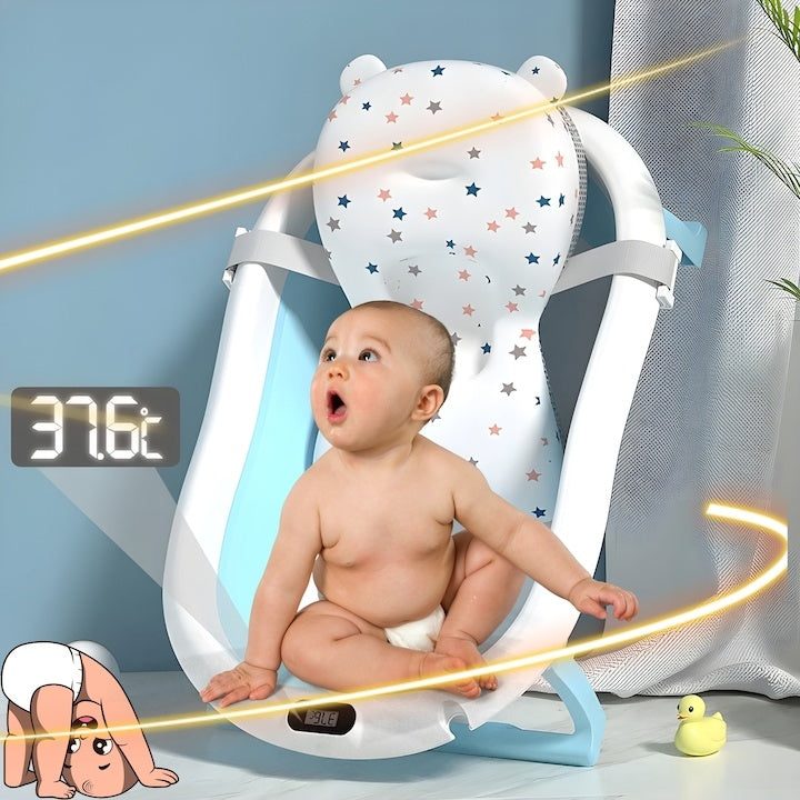 Cadita pliabila pentru bebelusi, cu termometru digital, dop de scurgere, picioare anti-alunecare, design ergonomic, fara BPA, alb/albastru