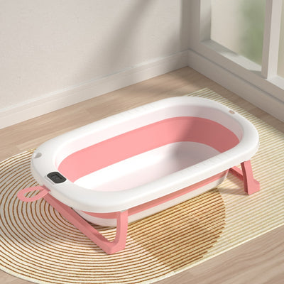 Cadita pliabila pentru bebelusi, cu termometru digital, dop de scurgere, picioare anti-alunecare, design ergonomic, fara BPA, alb/roz